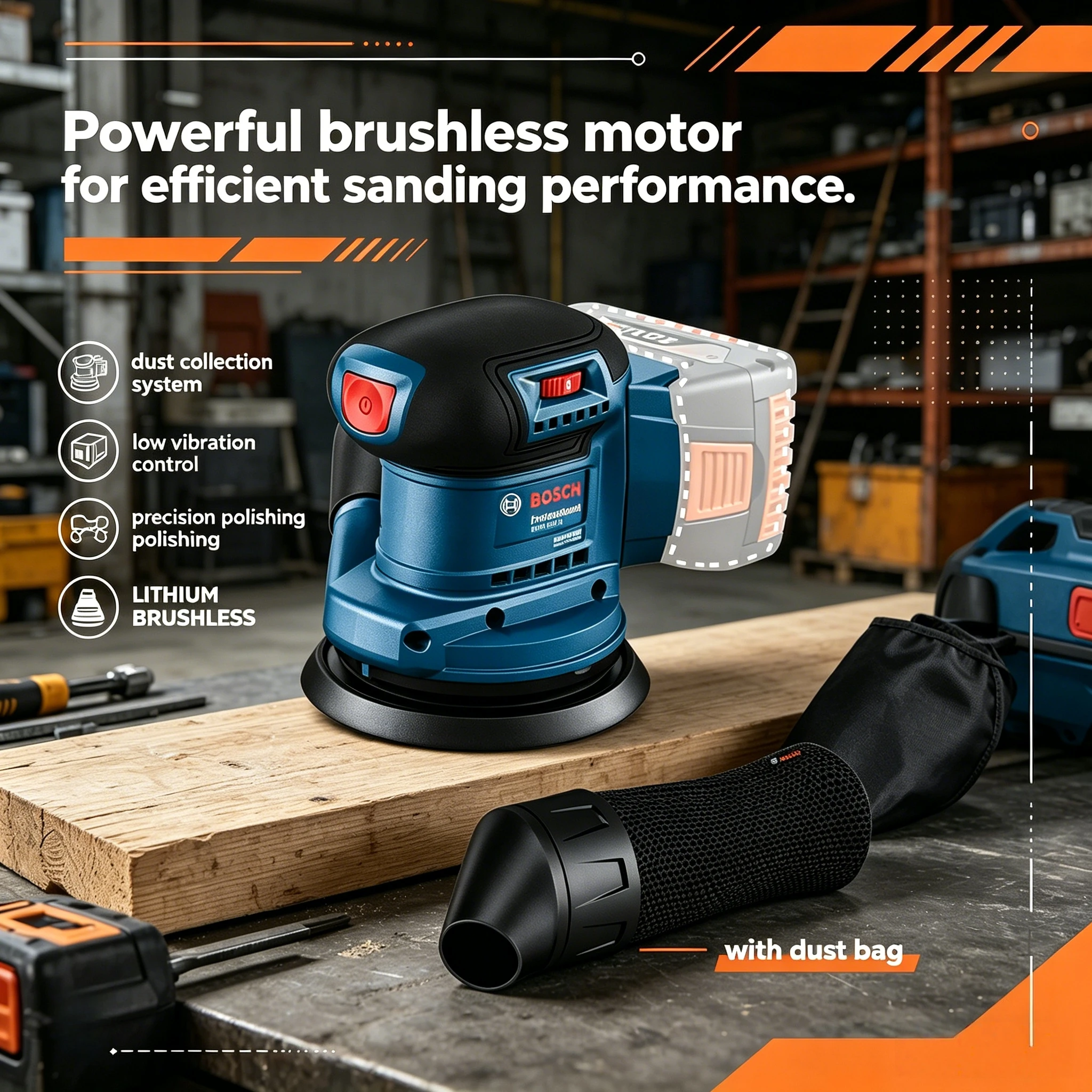 New Bosch GEX 185-LI Brushless Sander, Low Noise Operation, Ideal for Precision Sanding in Corners & Edges