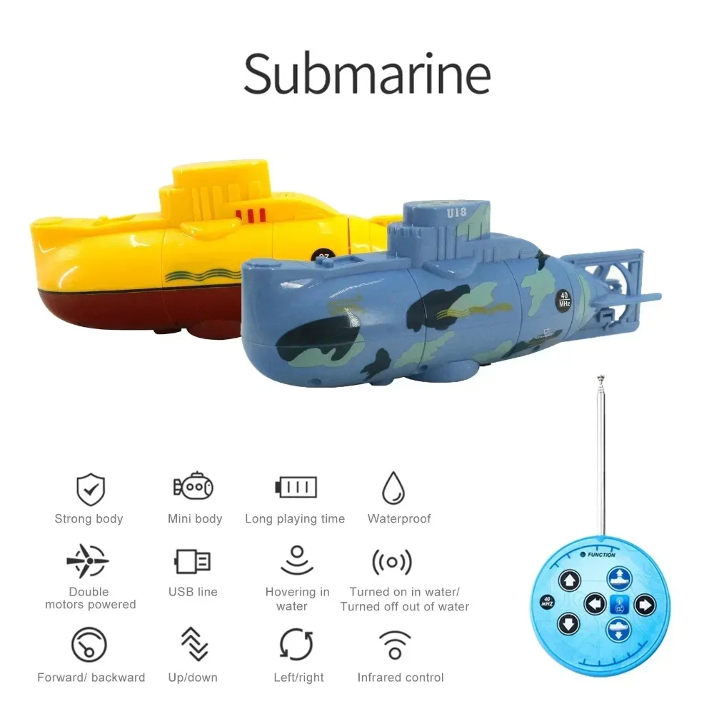 

Mini Submarine RC 6CH 0.1m/s Speed 3 Engines Remote Control Boat 23 Minutes Play Time Waterproof Dive Toy for Children Gift for
