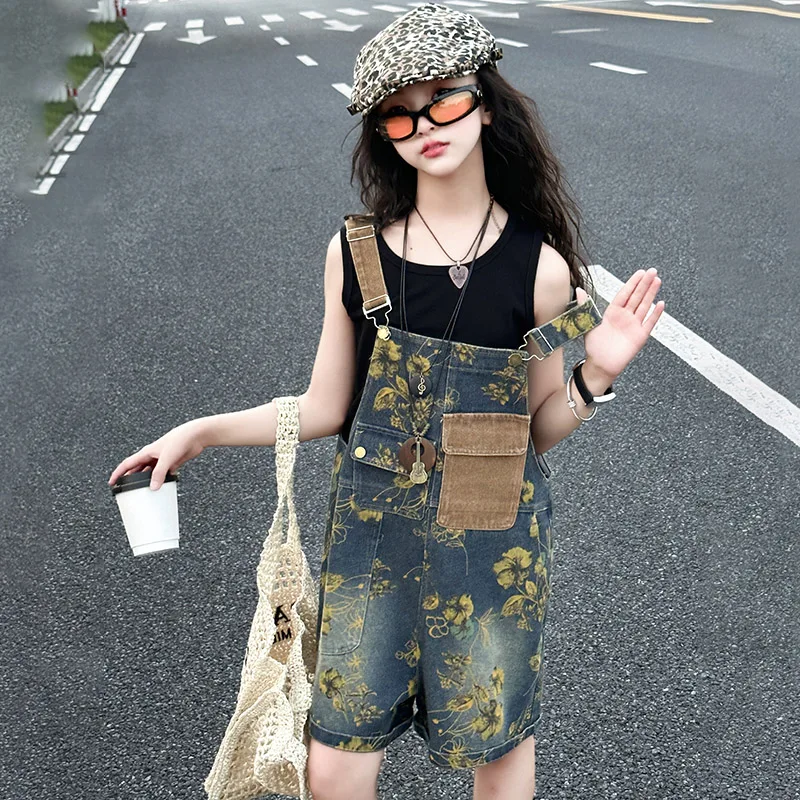Summer Kids Child Vintage Blue Floral Denim Overalls Shorts for Teenage Girls Flower Print Jeans Short Jumpsuit 5 6 8 10 12 14 T view 5