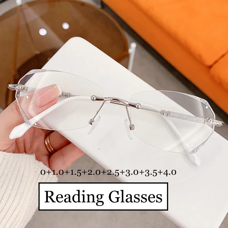 Retro Rimless Reading Glasses for Women Ladies Luxury Design Fashion Presbyopia Eyewear Vintage New Diamond Far Sight Eyeglasses