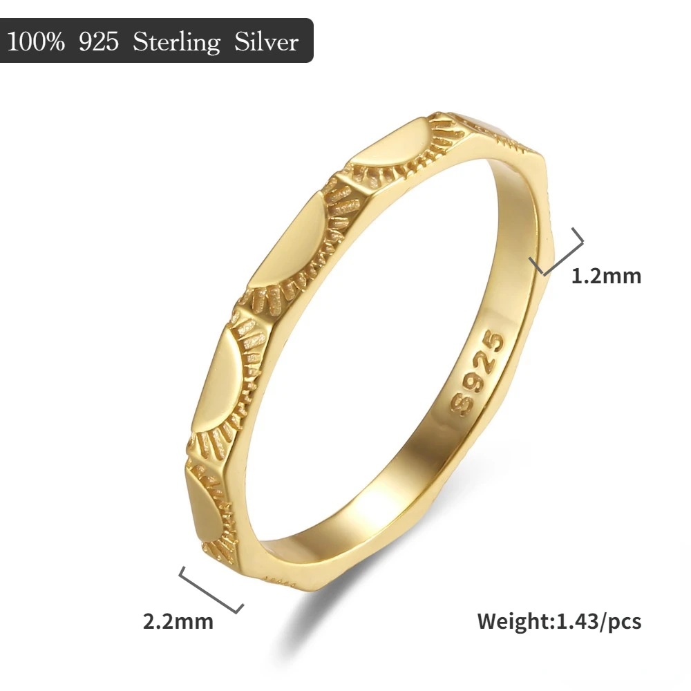 Trending 925 Sterling Silver Thin Sun Totem Finger Ring 18k Gold Plated for Women Men Stack-able Fine Jewelry Party Gifts