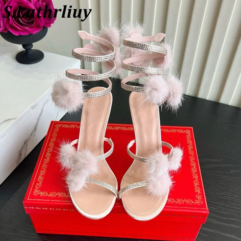 2026 Summer Solid Color Plush Decoration Women's High Heels Diamond Sandals Serpentine Wrapped Fashion Banquet Dress Shoes