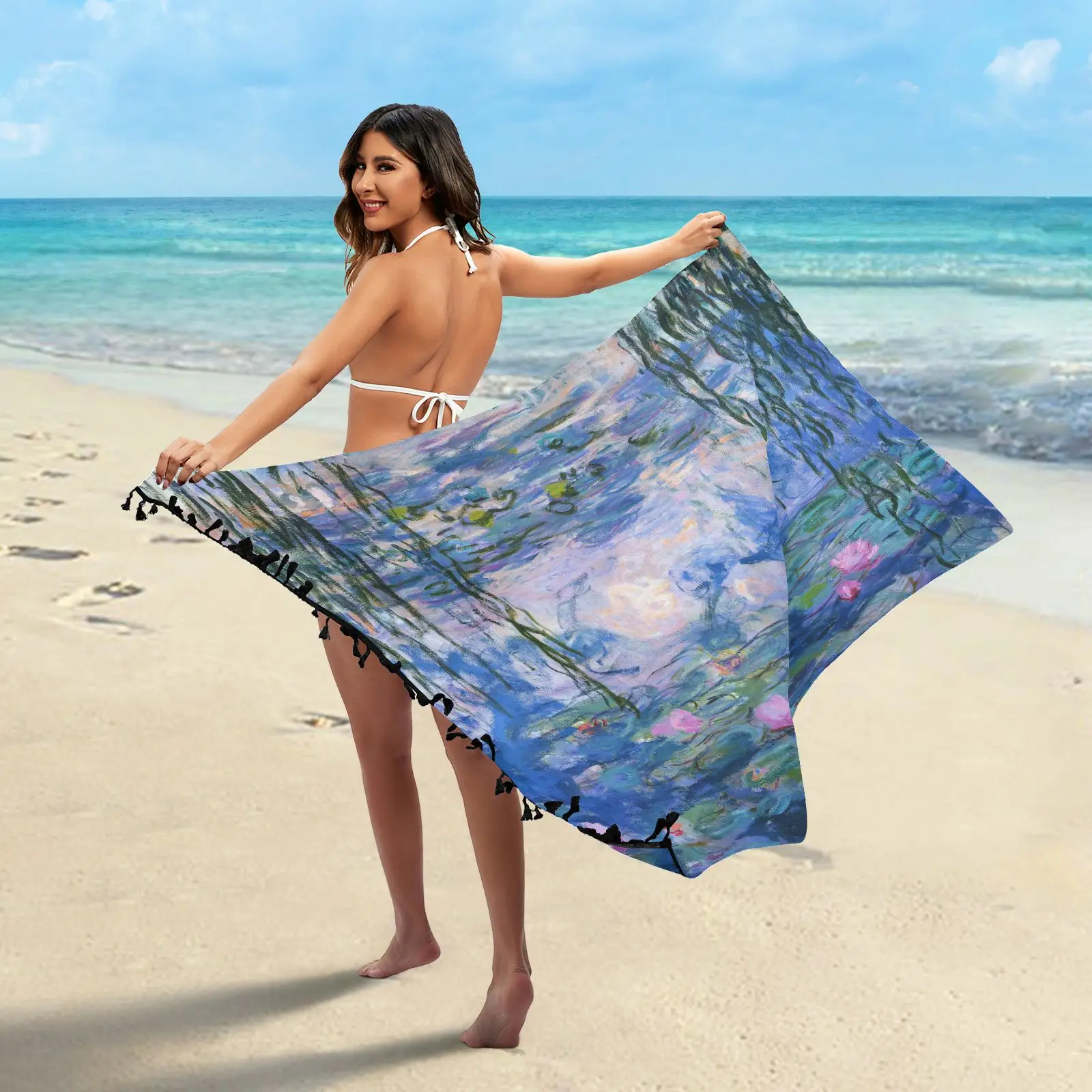 

Monet Claude Water Lilies Oil Painting Pareo Scarf Sarong Cover Up For Women Beach Bikini Bathing Suit Wrap Skirt With Tassels