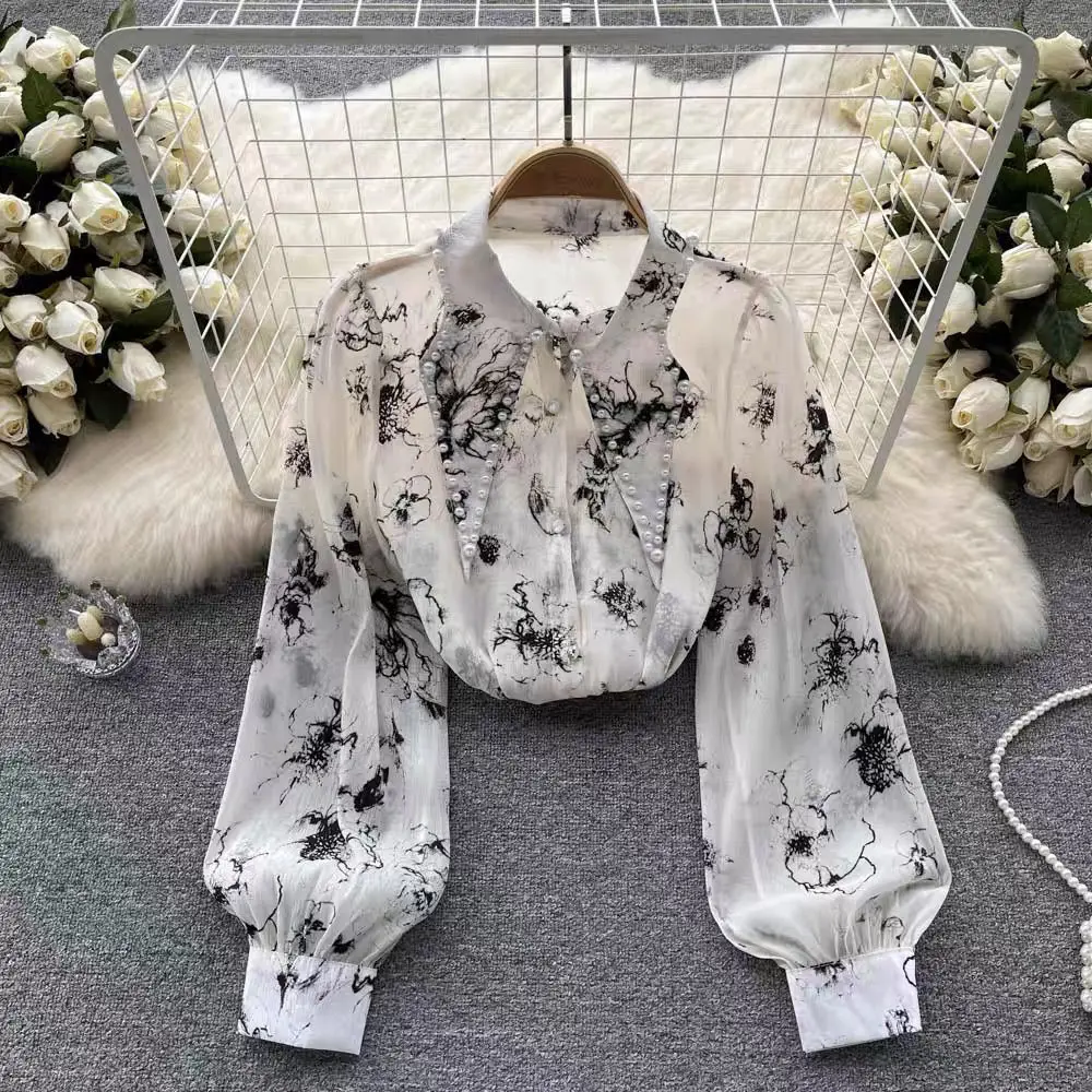 Luxury High-end Floral Long-sleeved Chiffon Shirt Female Spring Autumn New Fashion Versatile Pointed Collar Loose Holiday Shirt