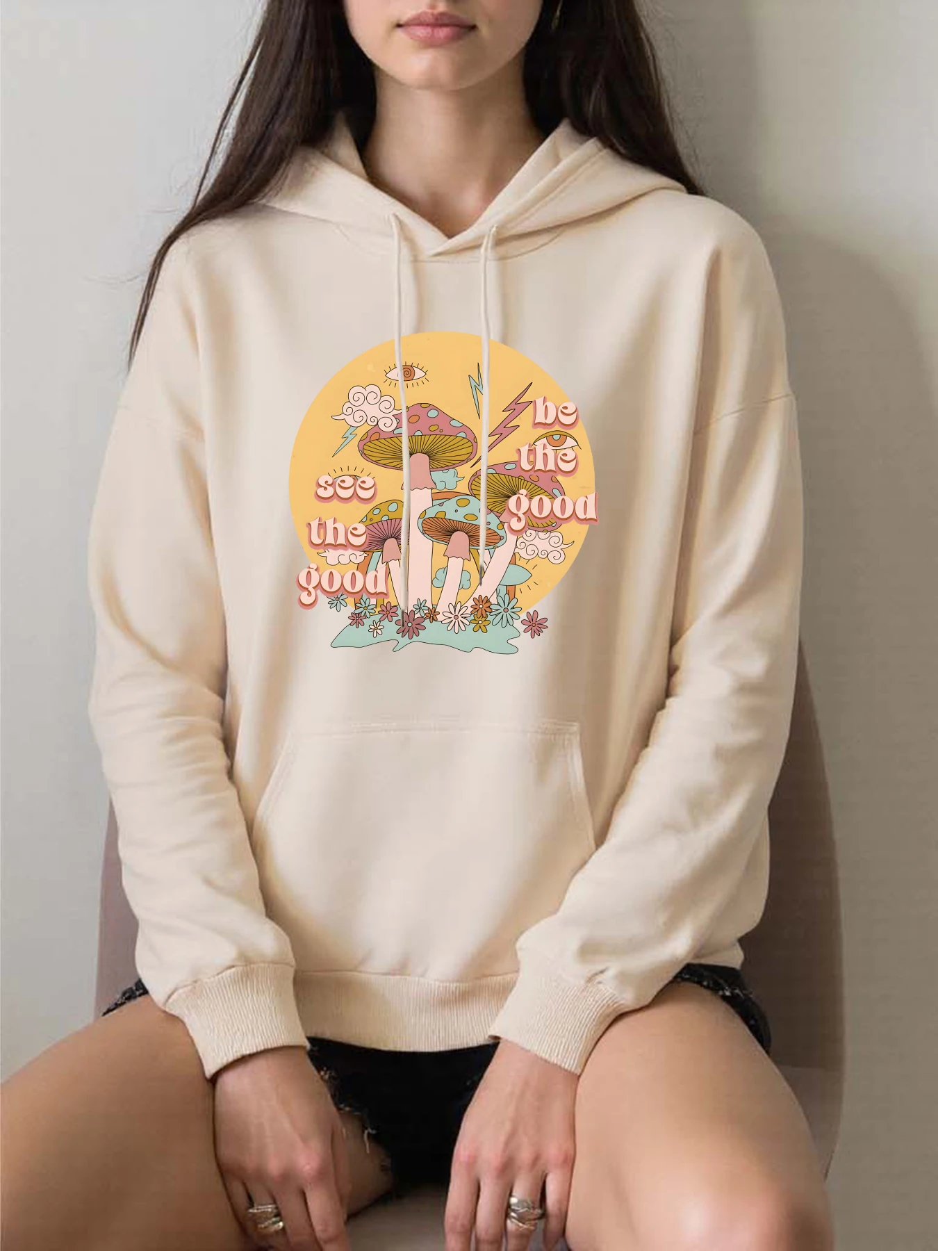 Voir le bon être le bon champignon fleur imprimé Y2K à capuche femmes sweat à capuche ample poche tout-Match sweat à capuche polaire automne vêtements