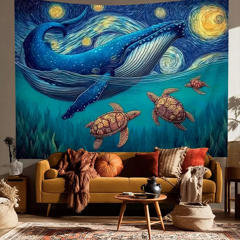 Giant Whale Ocean Mural Tapestry Blue Sea Deep Sea Life Wall Hanging Coastal Nautical Nursery Room Decor