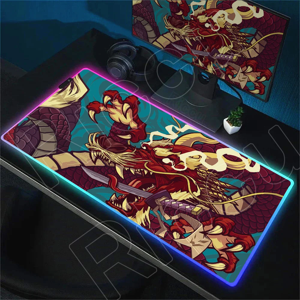 Anime Japan Dragon Deskmat RGB Mouse Pad Gaming LED Mouse Mat 900x400mm Glowing Carpet PC Office Desk Mat Backlight Keyboard Pad