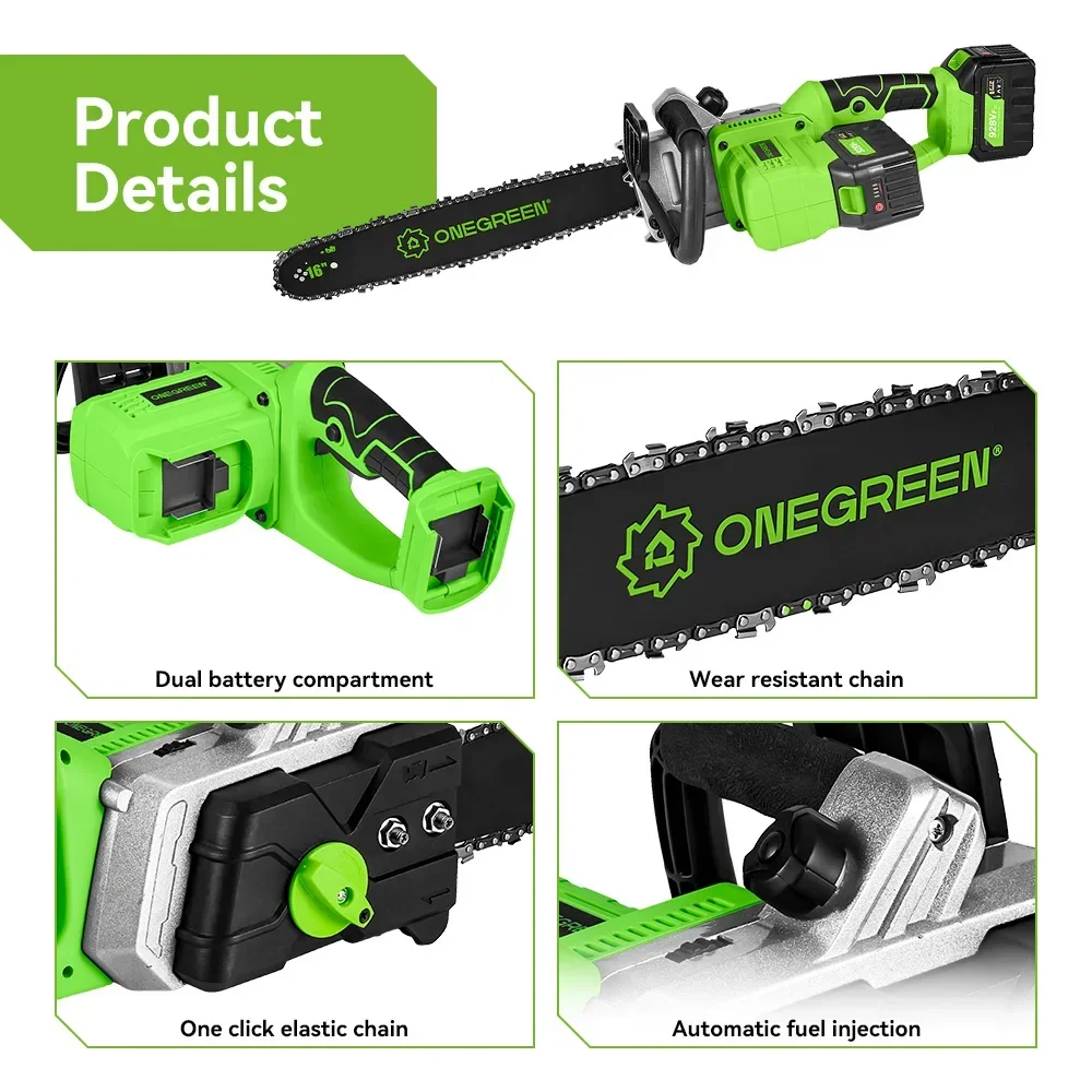 ONEGREEN 16 นิ้วBrushlessลูกโซ่ไฟฟ้า 8000Wไร้สายแบตเตอรี่เลื่อยตัดแต่งกิ่งไม้เครื่องมือสําหรับMakita 18Vแบตเตอรี่