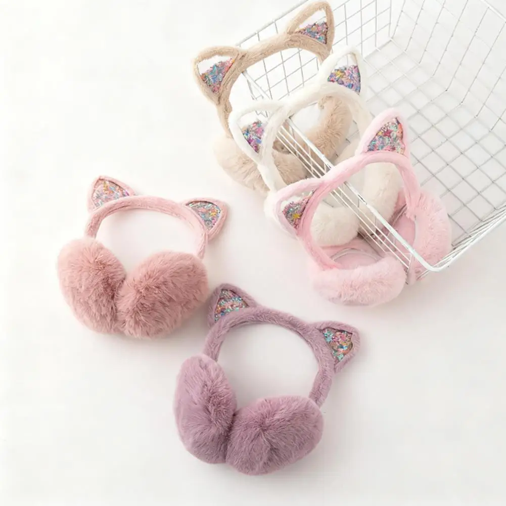 أغطية أذن لامعة على شكل قطة - لتدفئة الأذن من القطيفة على طراز K مع لامع للنساء والفتيات، أزياء شتوية لطيفة