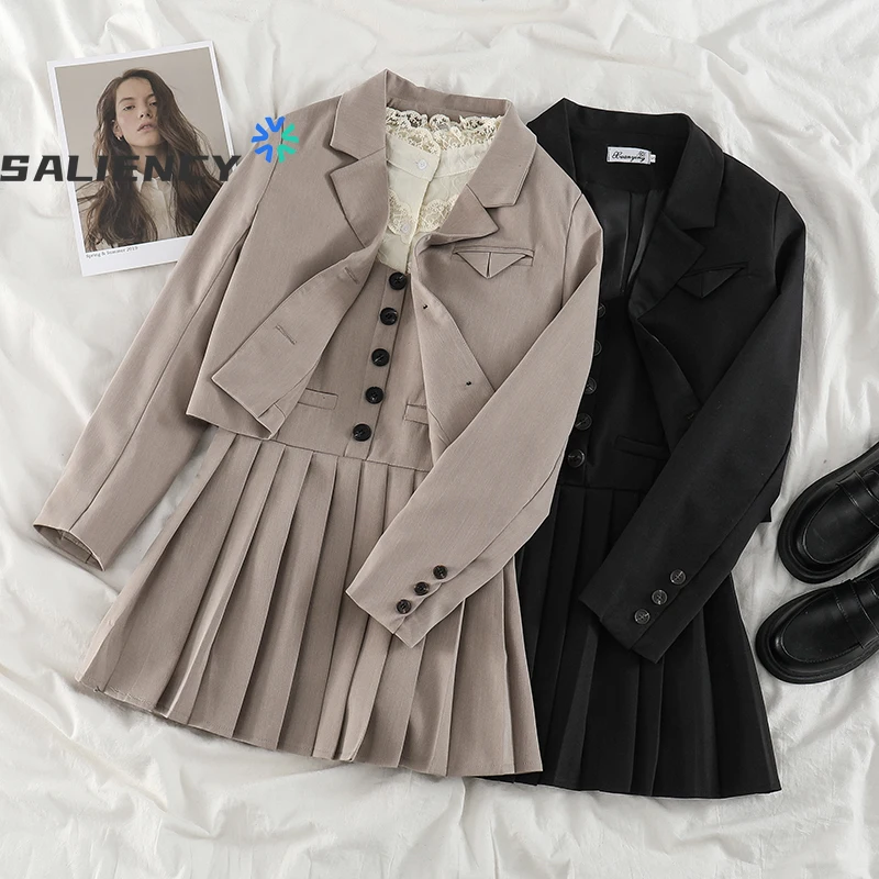 College Style Short Suit Jacket Female 2021 Spring and Autumn New All-match Jk Uniform Retro Three-piece Suits Long-sleeved Top