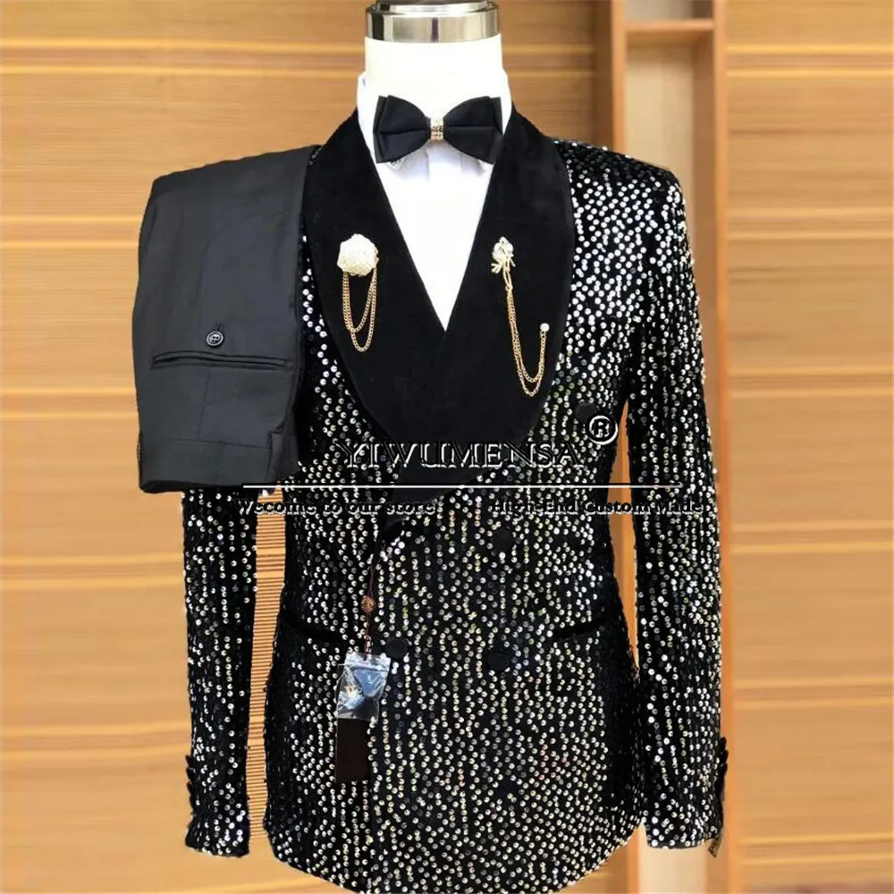 Sparkly Sequins Wedding Suits Black Velvet Double Breasted Prom Blazer Plus Size Groom Wear 2 Pieces (Jacket Pants) Man Clothing