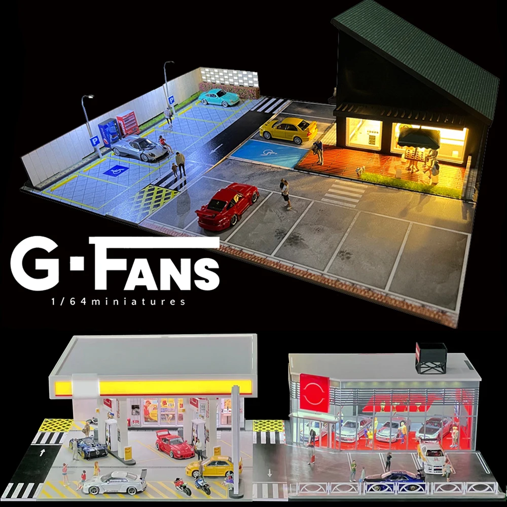 G Fans 1:64 Scale Car Garage Diorama Model With LED Lights Scene Repair House Simulation Parking Lot Car Model Sets With City