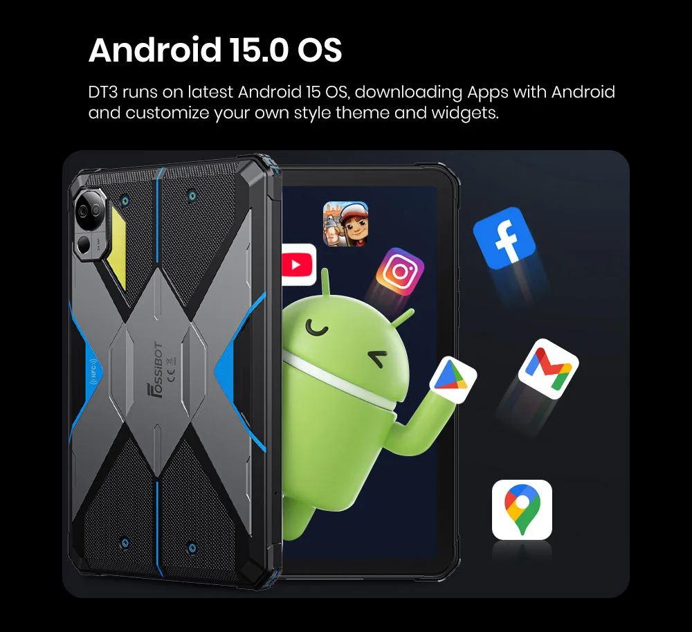 Fossibot Dt3 5g Rugged Tablet, Android 15, 10.4" Display, 12Gb Ram 256Gb Rom, Wifi 6, 66W Fast Charge, 64Mp+32Mp Camera, Nfc