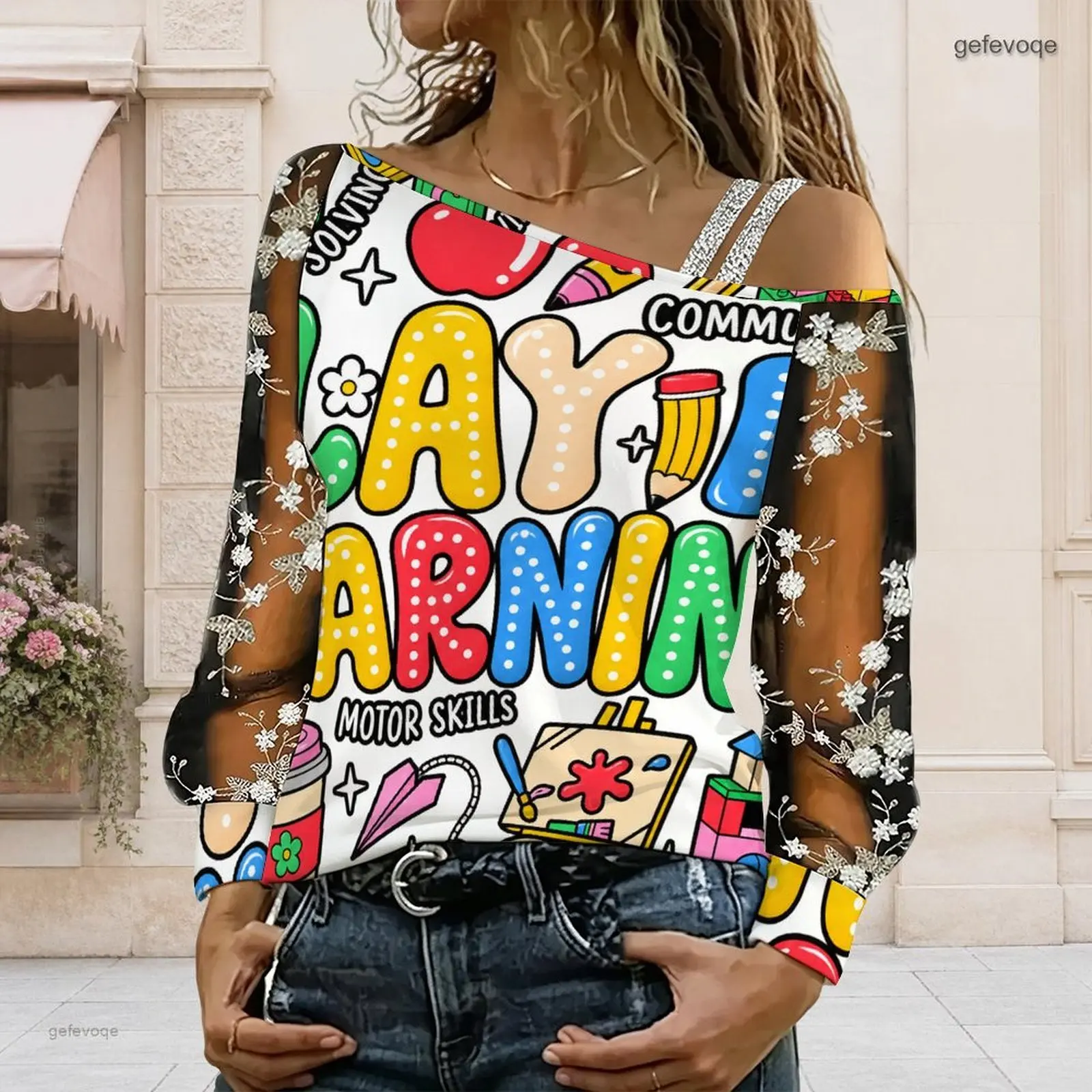 Women Asymmetric Off Shoulder Long Sleeve Top, Colorful Cartoon Doodle Print, Sheer Mesh Embroidered Sleeves