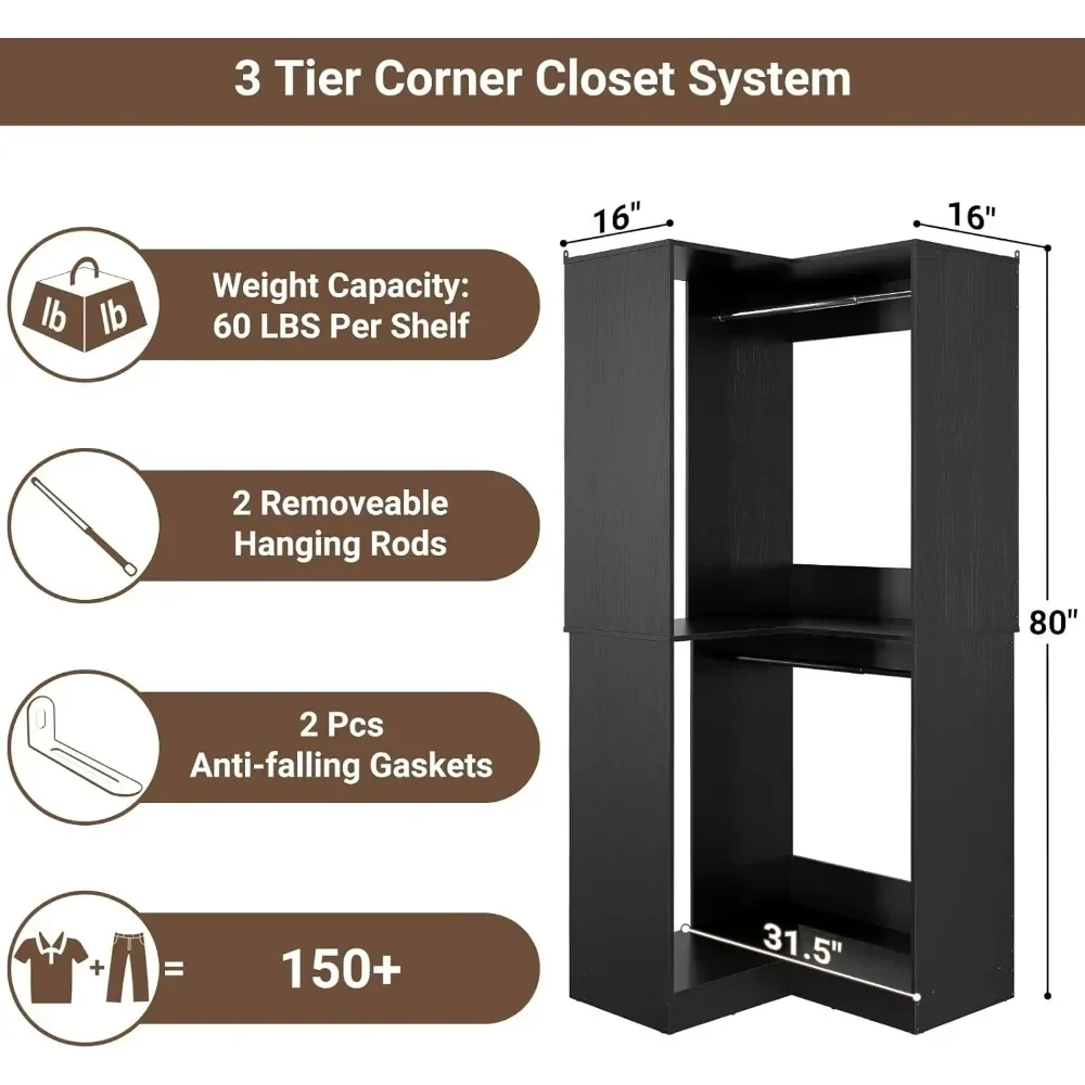 YQXH Eckschranksystem, 32 Zoll breite Holzecke mit 2 Aufhängestangen und allen Hardware-Kits