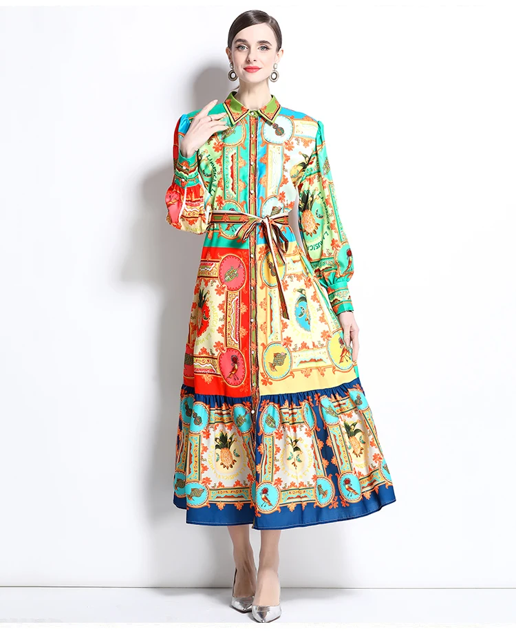 ZAROY Świąteczna Szyfonowa Luźna Sukienka Luksusowa Projektantka Maxi Sukienki Damskie Długi Rękaw Kołnierz Jednorzędowa Boho Plażowa Impreza Vestidos