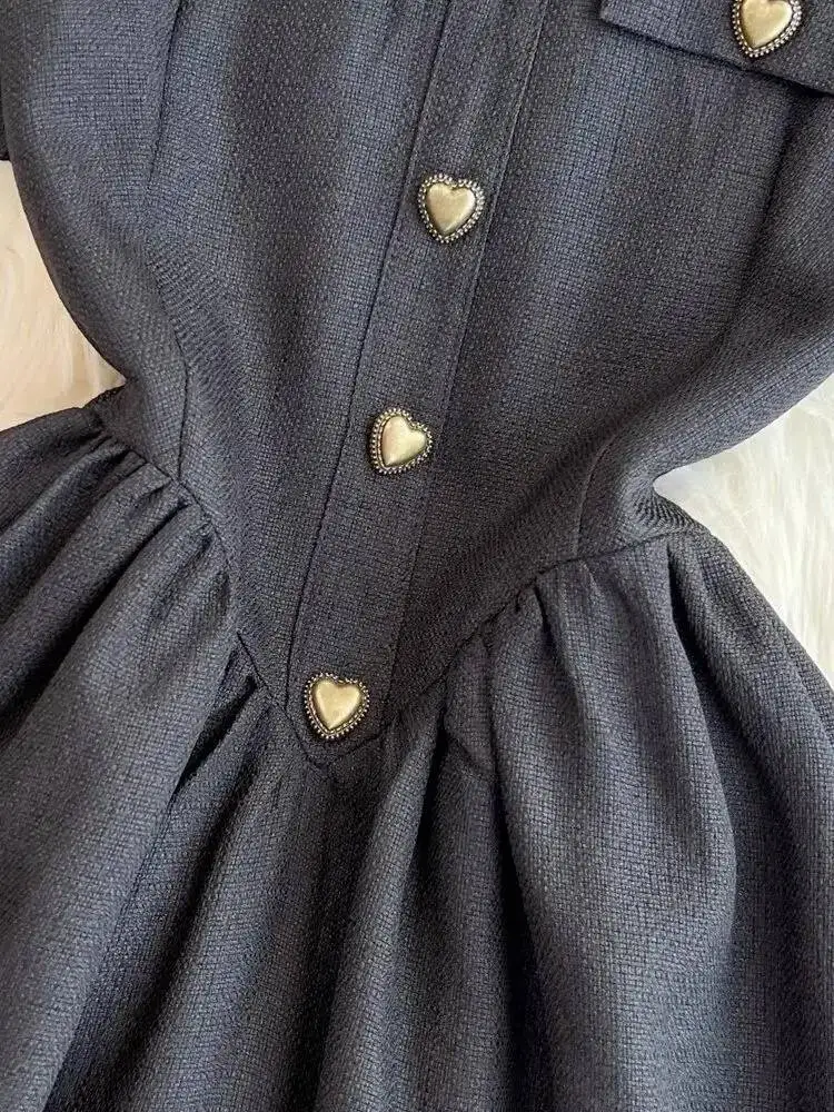 Summer Autumn Black Sundress Short Sleeve Midi Party Dress Women Elegant Puff Sleeve Heart Buttons Evening Long Vestidos Quality