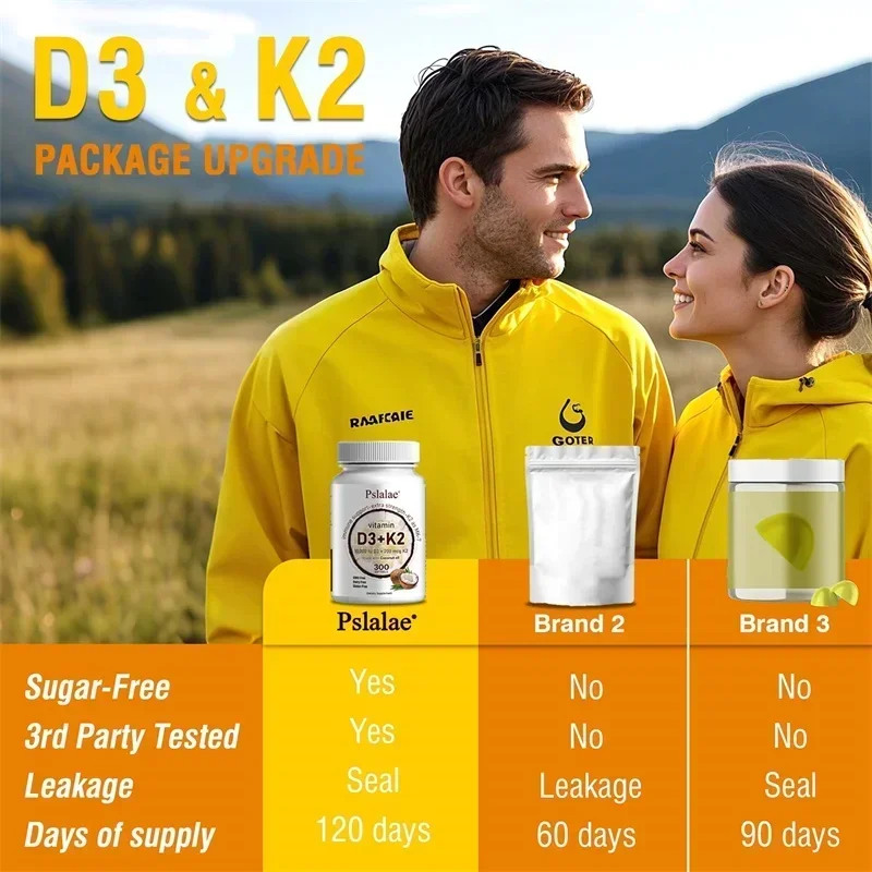 مكمل فيتامين D3+K2 - يدعم صحة المفاصل والعظام والمناعي، تركيبة غير معالجة وGMO، سهلة السنونو فيتامين د وك