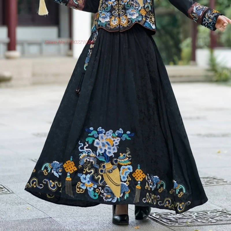 

2024 chinese vintage skirt national flower embroidered satin jacquard folk skirt oriental traditional elastic waist a-line skirt