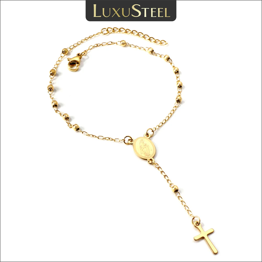 LUXUSTEEL Cross Rosary Bracelet For Women Men Virgin Mary Religious Prayer Bead Link Chain on Hand Christian Jewelry Adjustable