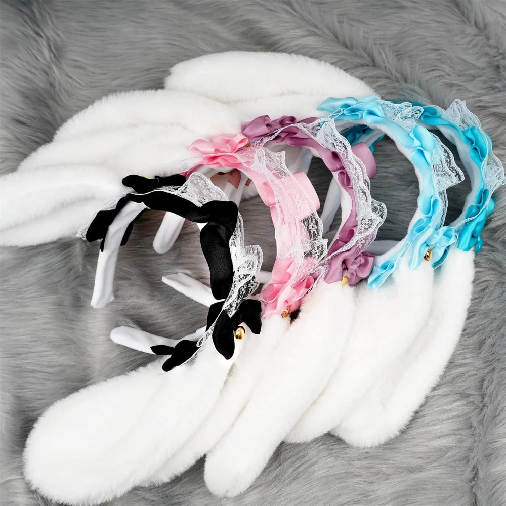 1Pcs Lace Ribbon Bowknot Hairband, Anime Maid Hairband with Long Rabbits Ear, Cute Costume Headband Cosplay Props Headwear