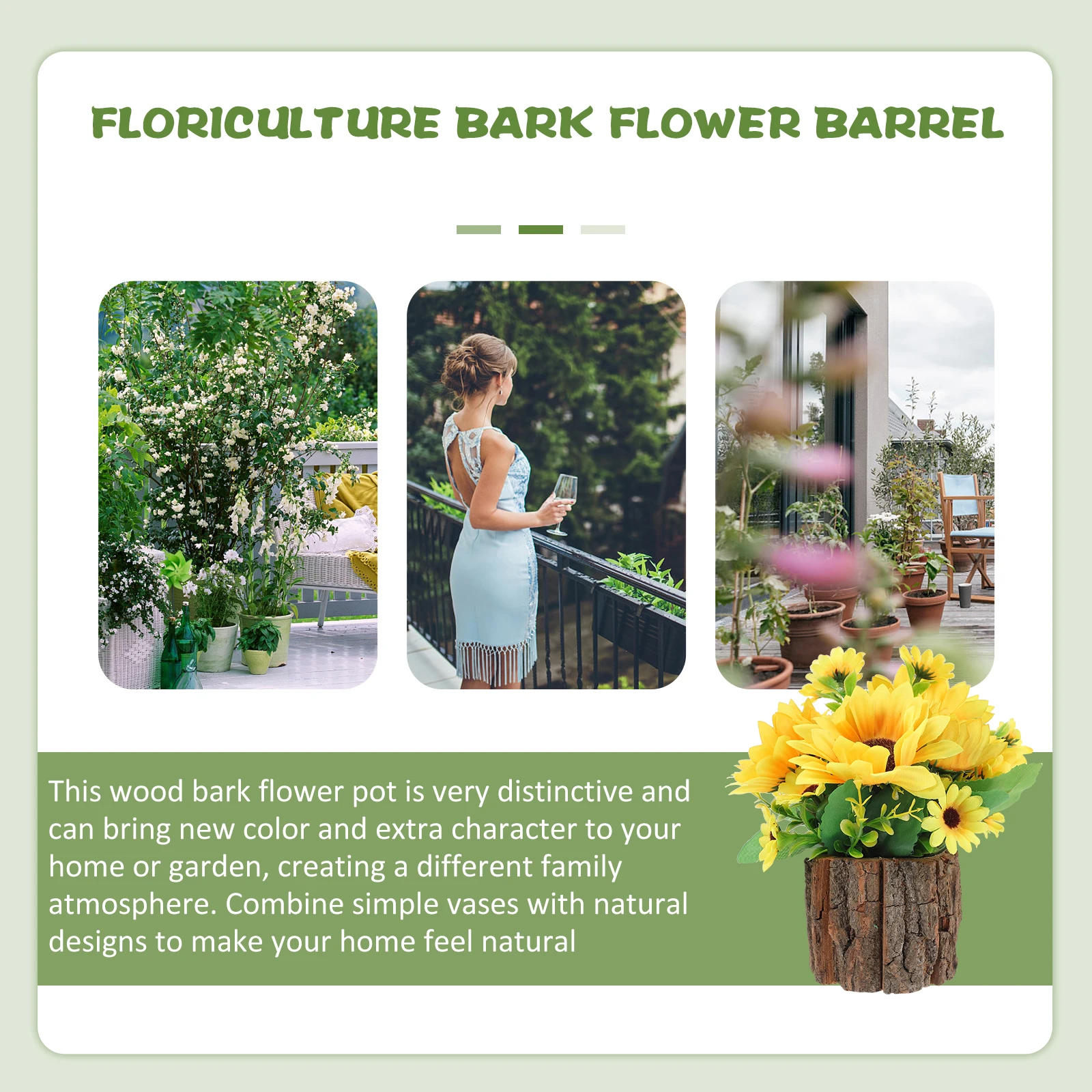 

Wooden Bark Flower Pots Pastoral Style Planters Short Sunflower Set Natural Flavor Containers Home Garden Office Balcony