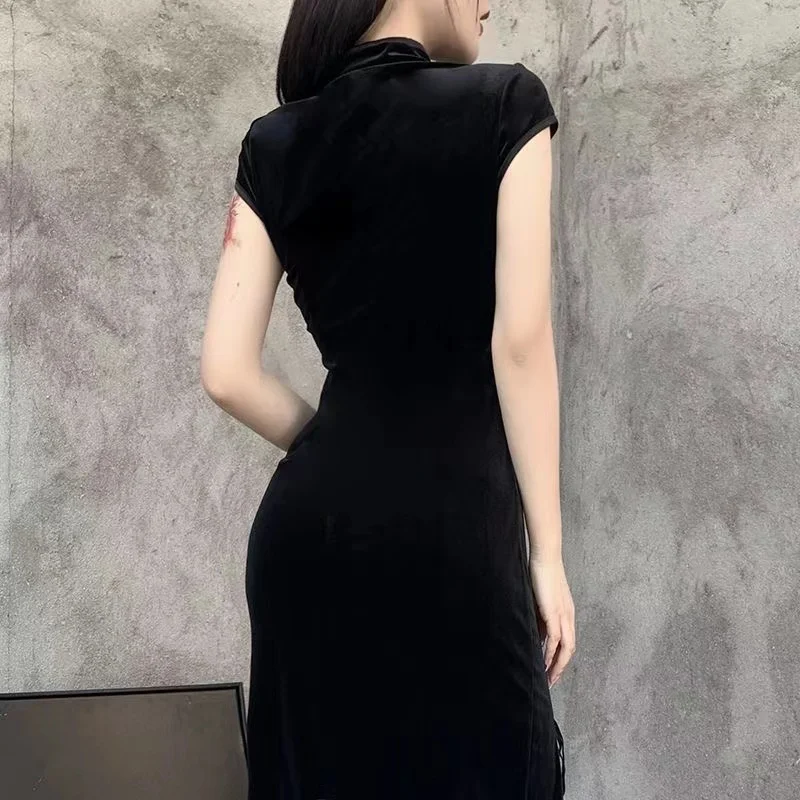 Women Bandage Dresses Solid Elegant Sexy Summer Slim Body Shaping Side-slit Chinese Style Fashion Party Streetwear Cool Girls