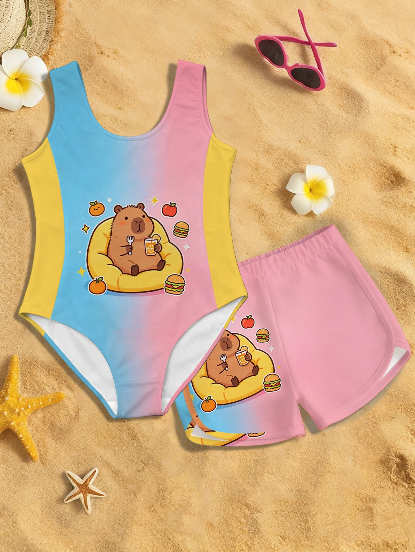 Girls' Summer Atmospheric Capybara Fashion Two-piece Swimsuit
