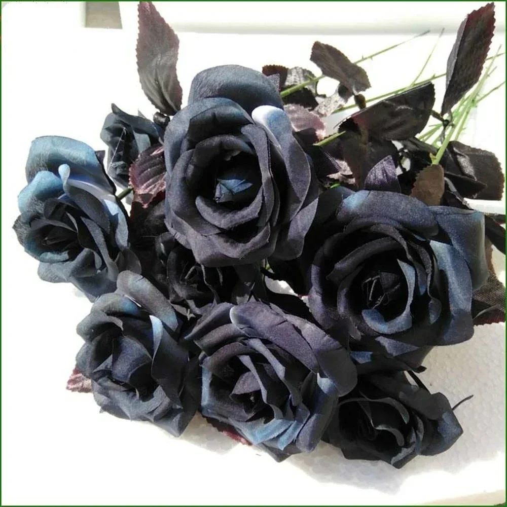 10 unids/set ramo de rosas negras artificiales Halloween simulación casera rosa negra flor falsa Par de boda