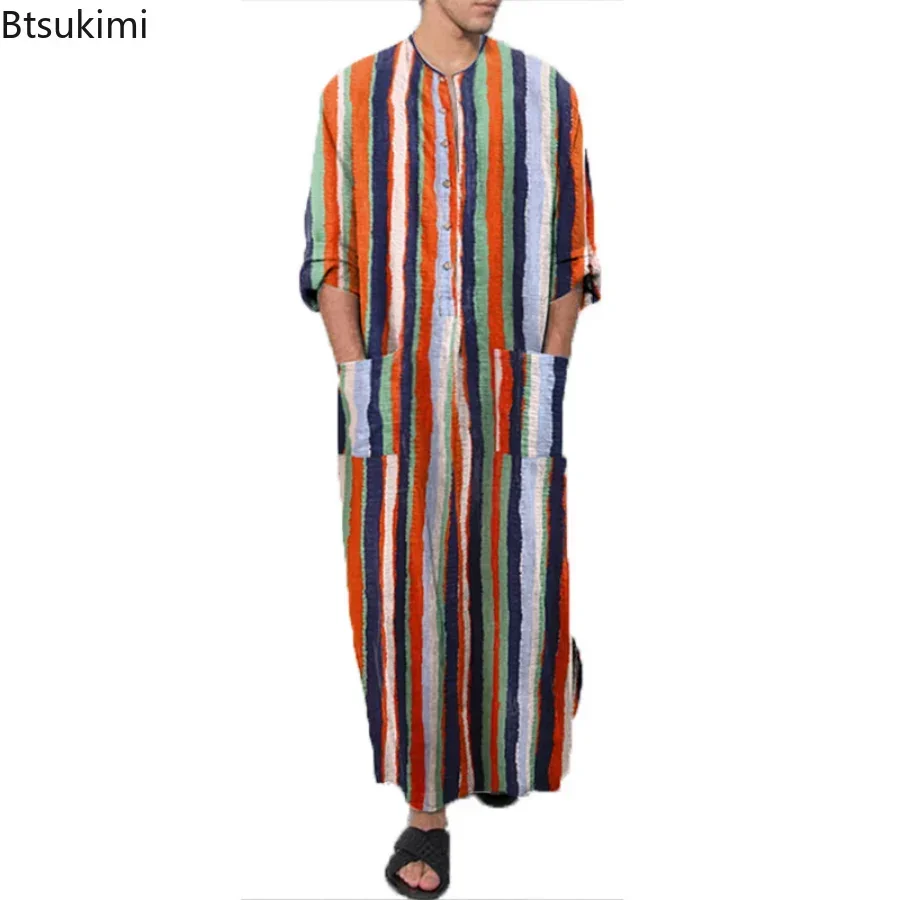 2025 Men's Muslim Clothing Abayas Cotton Linen Nightgowns Bathrobe Robe Kaftan Holiday Beach Robe Man Muslim Kaftan Arabic Dress