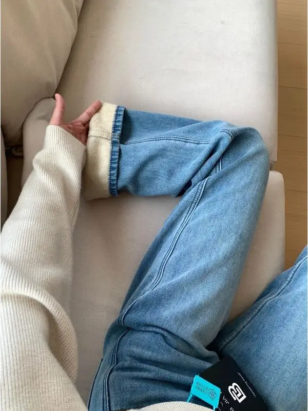 

Джинсы с высокой талией и расклешенным низом для женщин, осенне-зимние, на флисовой подкладке, прямые, стройнящие, широкие брюки для полных дам