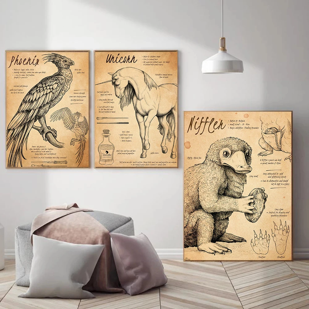 Retro Fantastic Mysterious Mythical Creature Monsters Art Poster Canvas Printing Living Room Bedroom Gallery Wall Decoration