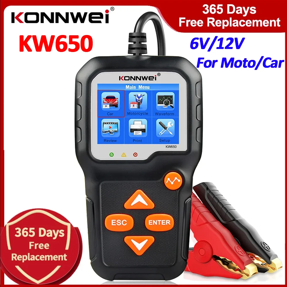 KONNWEI KW650 Car Motorcycle Battery Tester 12V 6V Battery Analyzer 2000CCA Charging Cranking System Quick Test Tool for Vehicle