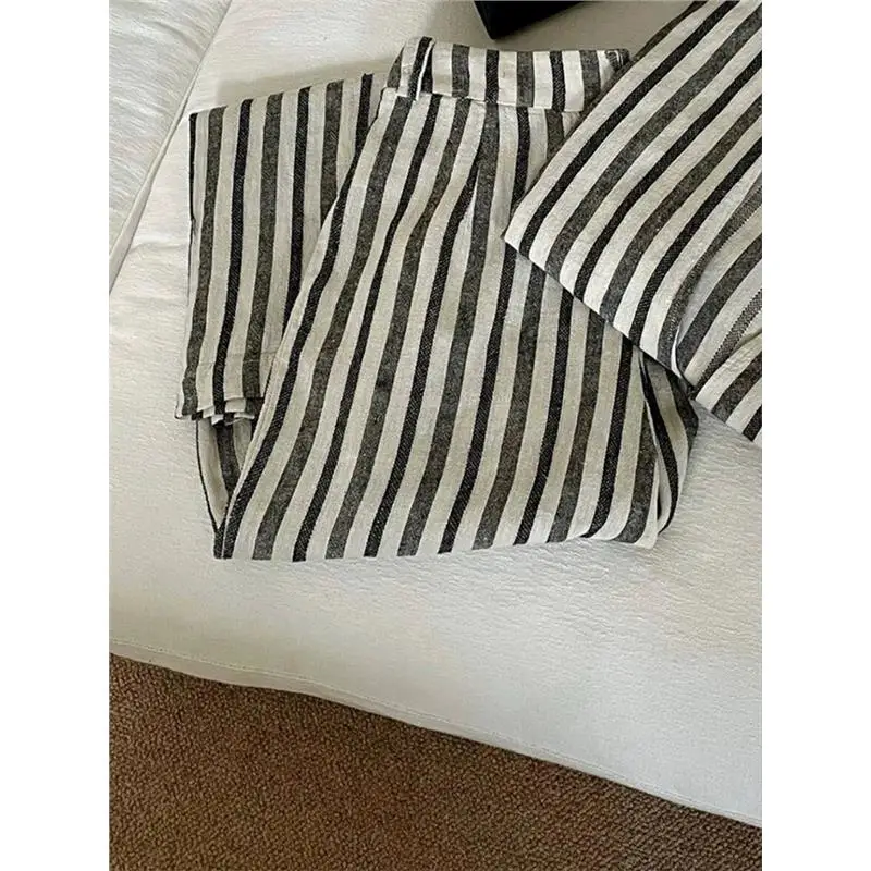 กางเกงขายาวเอวสูงทรงหลวมลายทางผ้าฝ้ายลินินสำหรับผู้หญิงใส่สบายๆ ทรงตรงแบบหลวมๆ เหมาะสำหรับฤดูร้อน