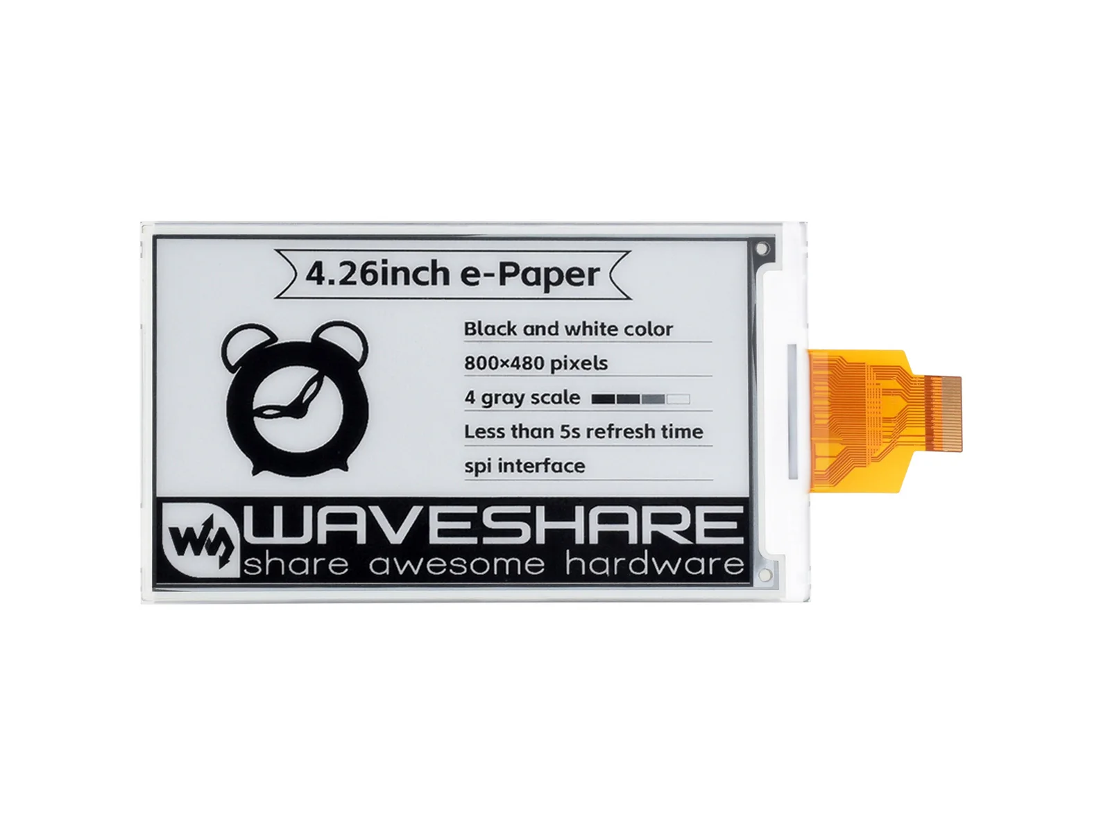 

Waveshare 4.26inch E-Paper raw display, 800x480, Black/White, SPI Communication for Raspberry Pi/Jetson Nano/Arduino/STM32