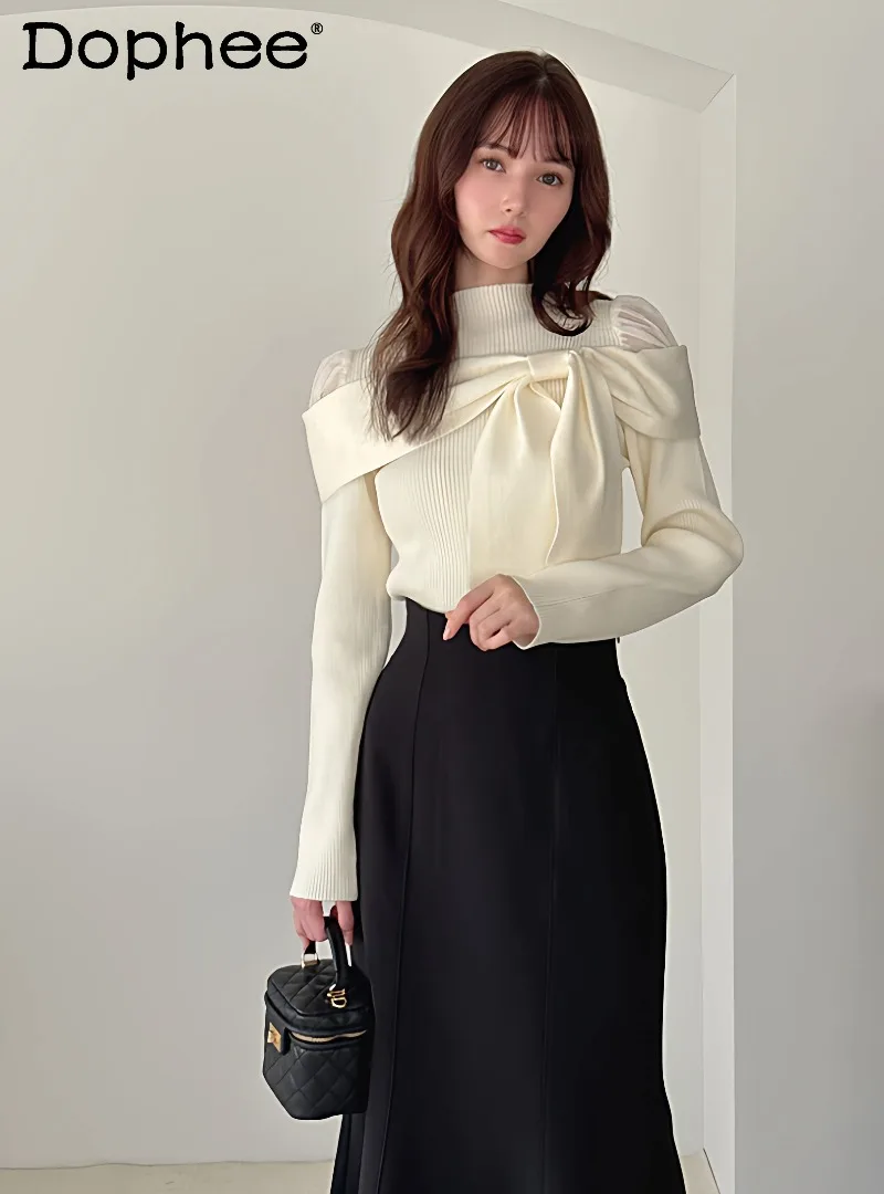 

Japanese Sweet and Cute Girl Bow Off-the-shoulder Knitted Sweater 2026 Spring New Solid Color Slim-fit Versatile Top