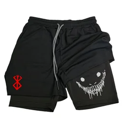 Pantalones cortos deportivos 2 en 1 para hombre, Shorts de secado rápido para entrenamiento de gimnasio, trotar, doble cubierta, Anime Berserk de verano