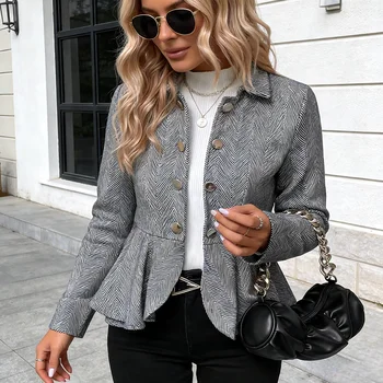 2026 Fall Winter New Arrival Women's Herringbone Ruffled Double-Breasted Waist-Fitted Business Casual Blazer 4