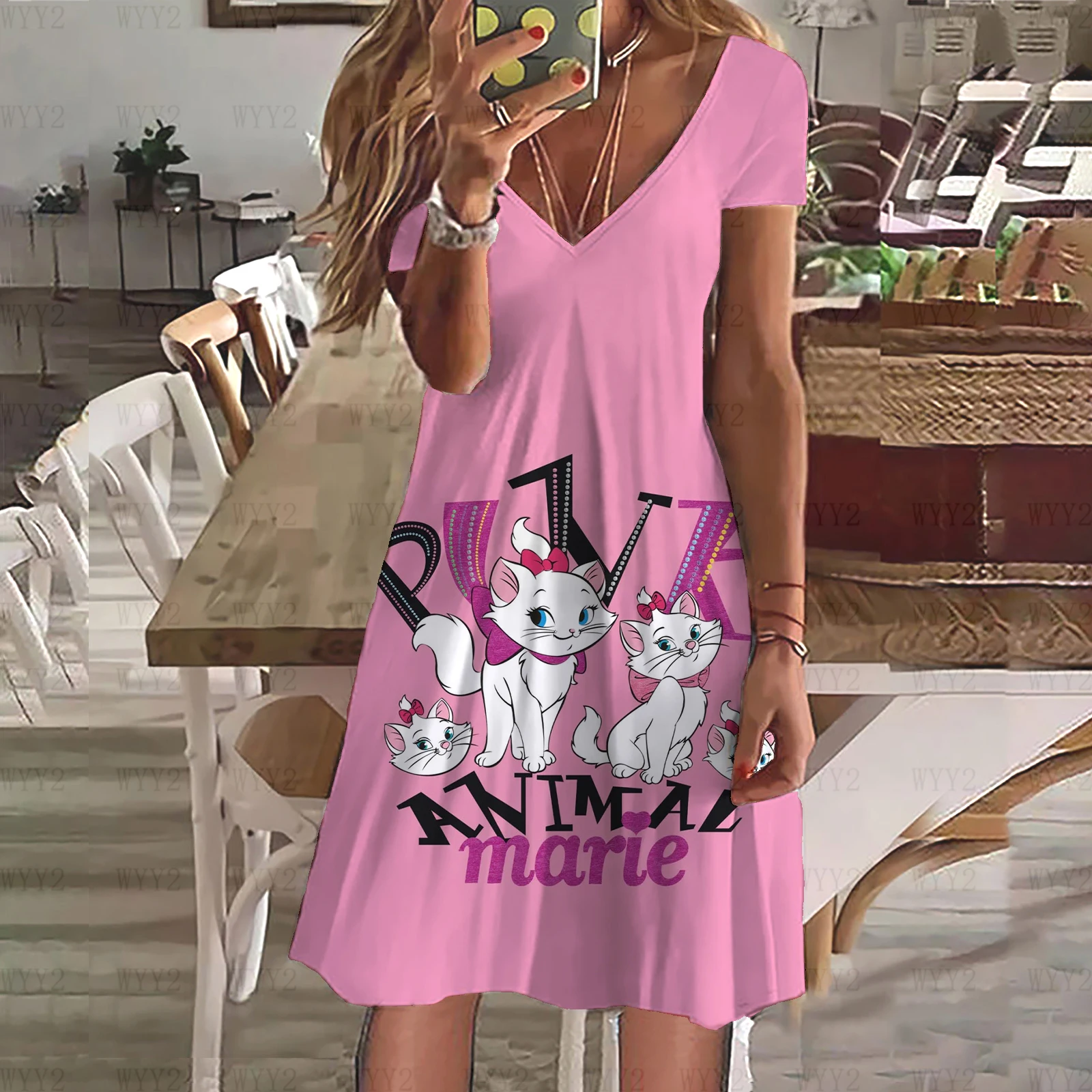 แฟชั่นฤดูร้อนสาวชุด Disney Marie Cat V คอลําลองสไตล์ Pastoral Slim หวานขี้เกียจ Midi ชุดหลวม Street สไตล์กระโปรง