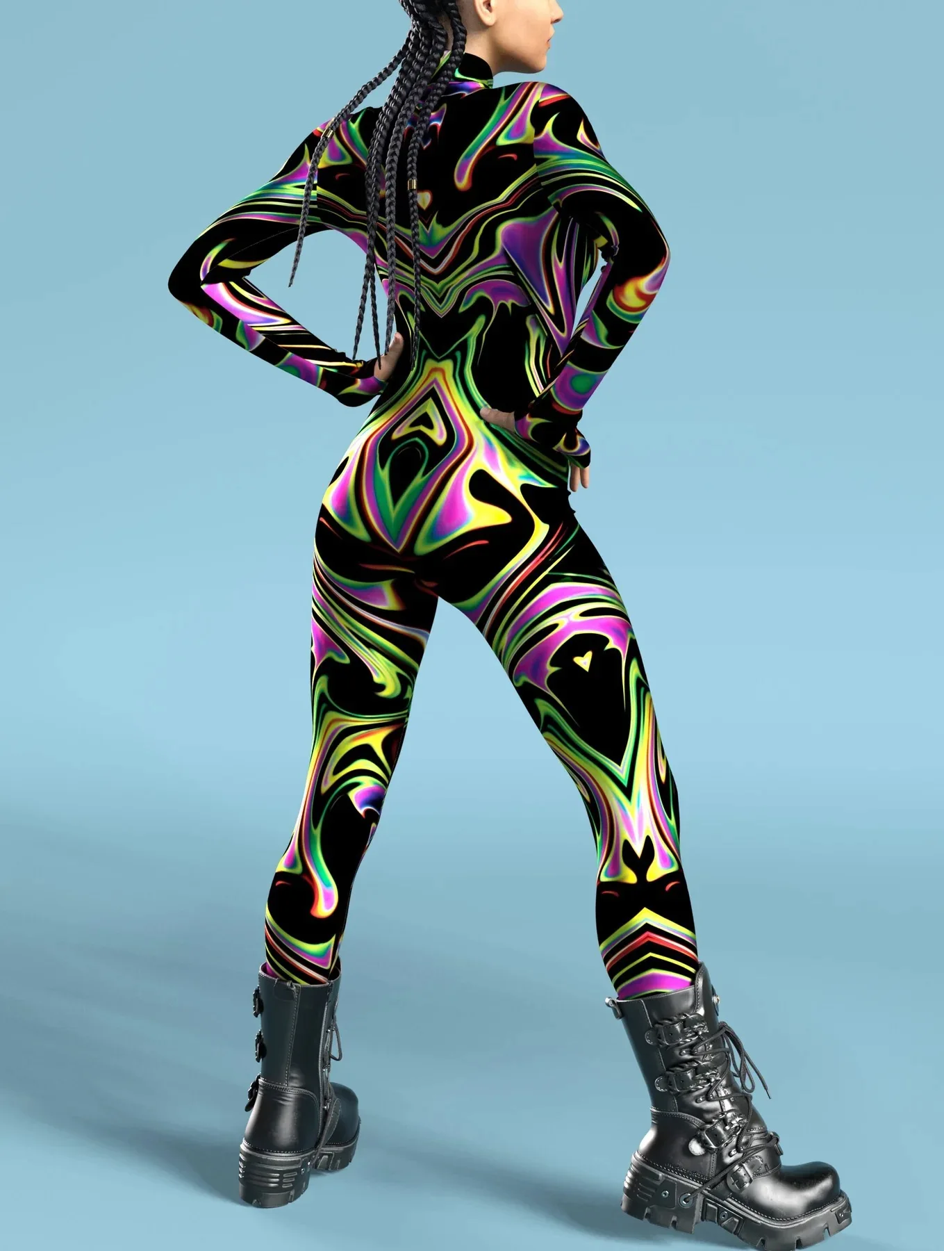 Damen Mehrfarbiger 3D-Druck Festtagsparty Regenbogen Sexy Enger Bodysuit Punk Cosplay Kostüm Performance Romper – Detail 17