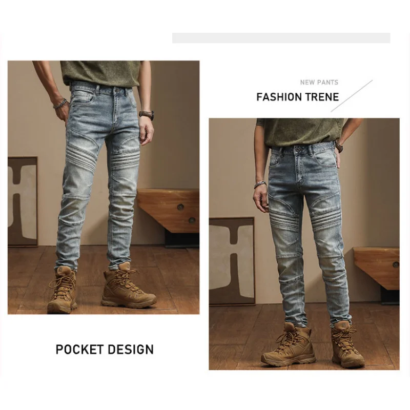 Celana kaki kecil pria, jeans denim distorsi vintage, celana jins splicing kepribadian ramping, tren kelas atas Amerika baru