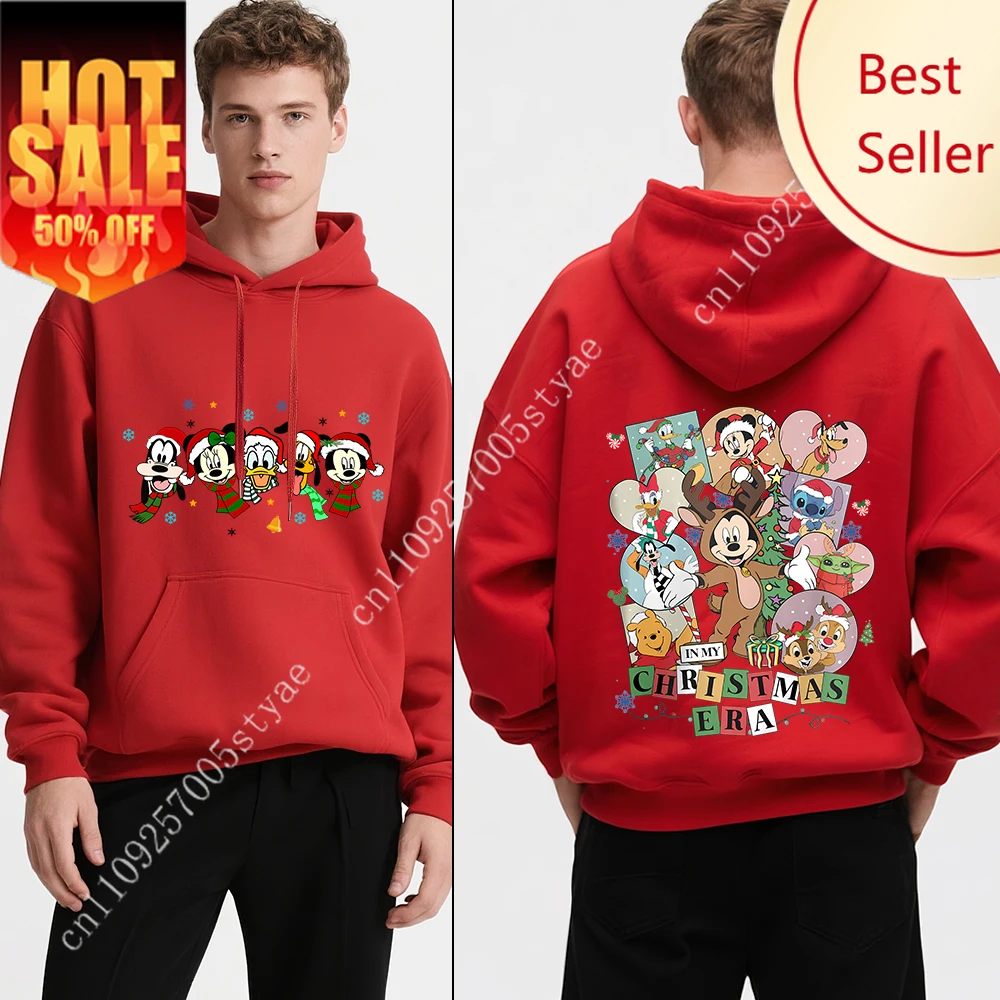 

Disney Mickey and Friends Christmas Print Mens Fleece Hoodie Holiday Travel Party Wear Cozy Sweatshirt Winter Casual Outfit