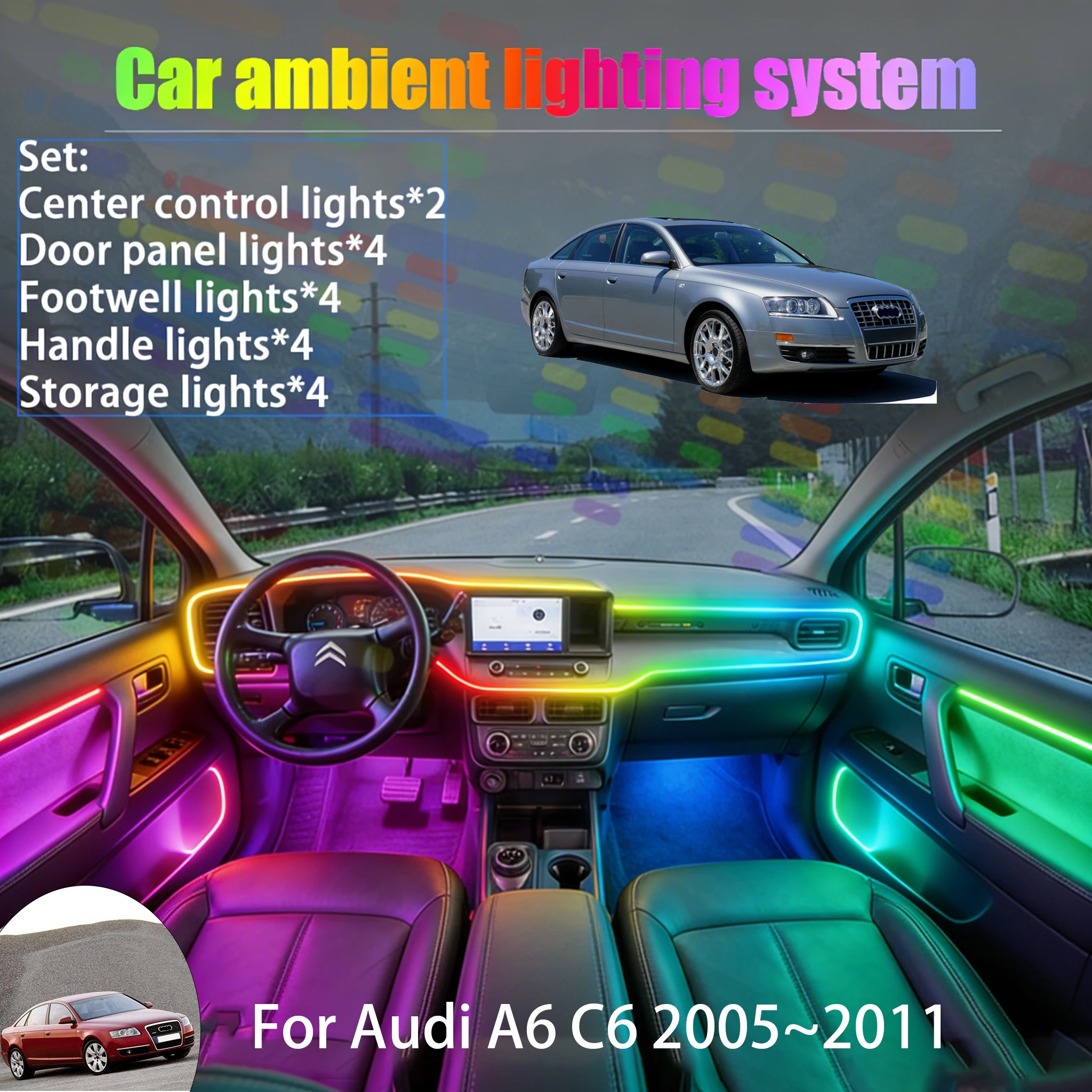 

For Audi A6 C6 2005~2011 4F 2/18 in 1 Car ambient lighting Led trunk interior led lights USB RGB Ensemble Streamer Auto Parts