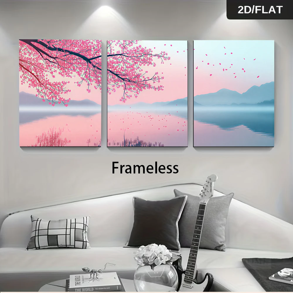 3PCS Frameless,1 set of triptych cherry blossom lake view frameless decorative paintings, modern and simple living room backgrou