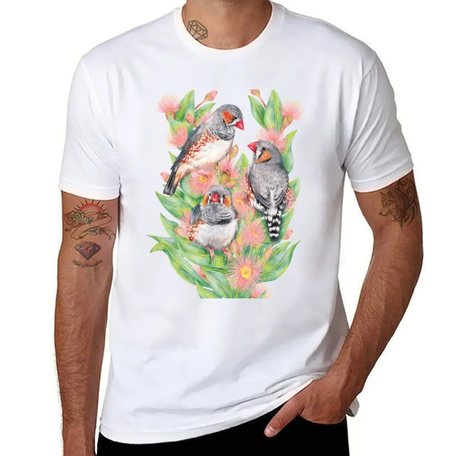 Floral Zebra Finches T-Shirt Trendy Pattern T-Shirt for Men