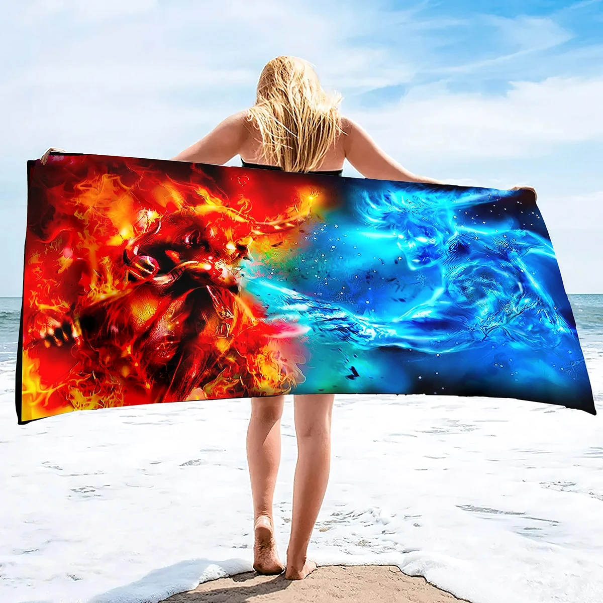 3D Abstract Ice and Fire Theme Beach Towels Lightweight Absorbent Quick Dry Swimming Camping Holiday Beach Bath Towel Gym Towel