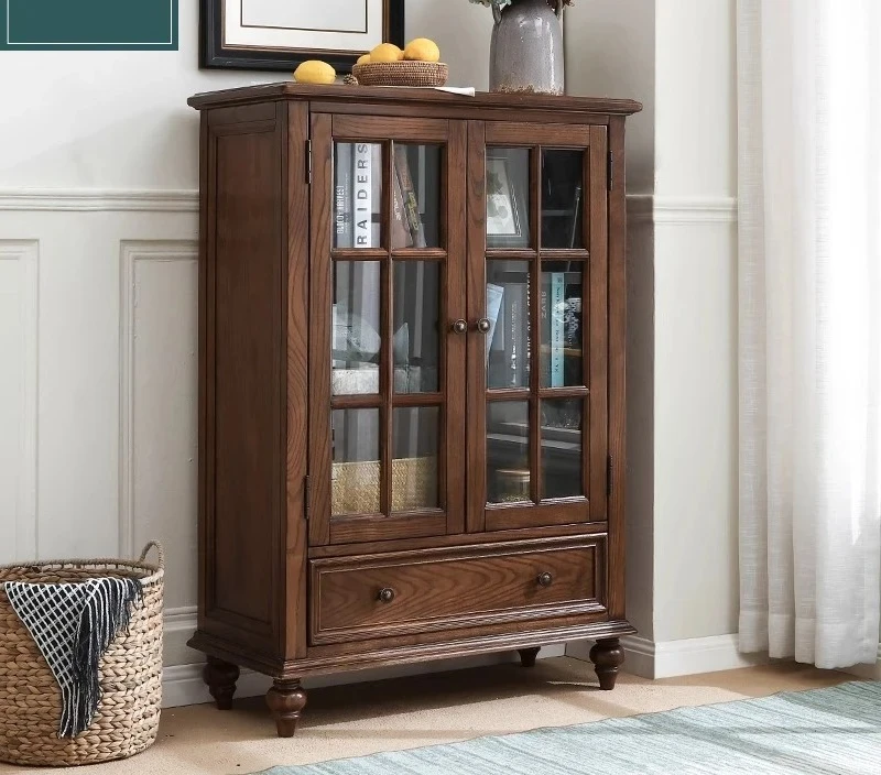 

American rural ash wood living room side cabinet double door wine cabinet retro style storage