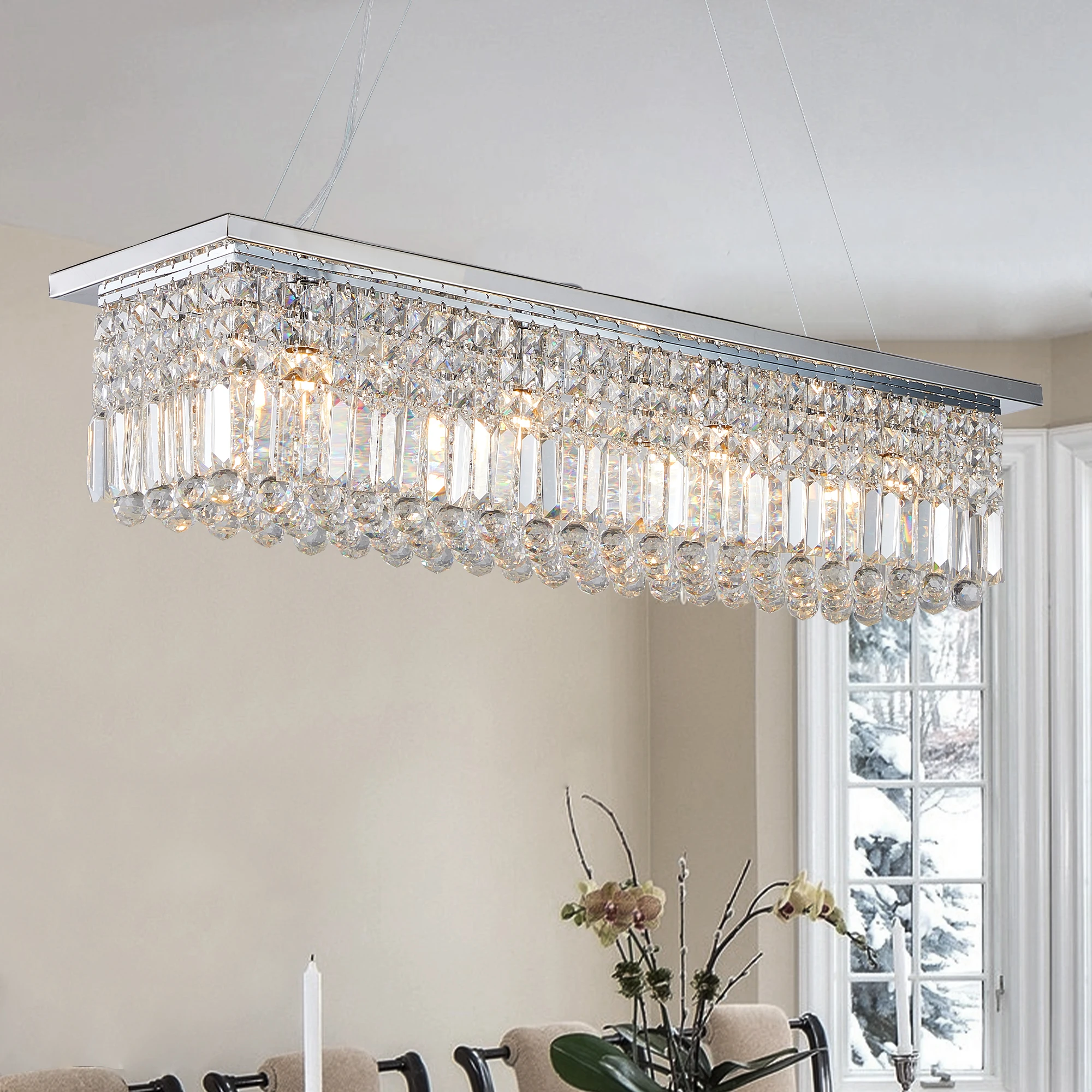 Hanging rectangular crystal luxury chandelier, modern design raindrop crystal chandelier for dining room living room decoration