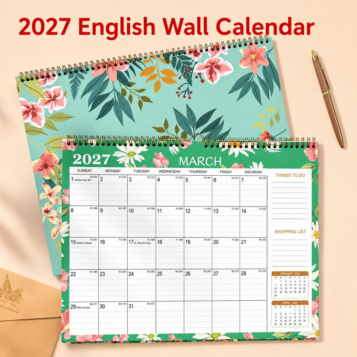 2027 Floral Wall Calendar, Monthly Hanging Planner with Back Pocket, Waterproof Cover Wire Binding Organizer for Home Office