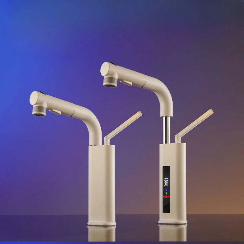 

White Digital Display Pull-Out Height-Adjustable Bathroom Tap Hot and Cold Water Basin Tap for Washbasin